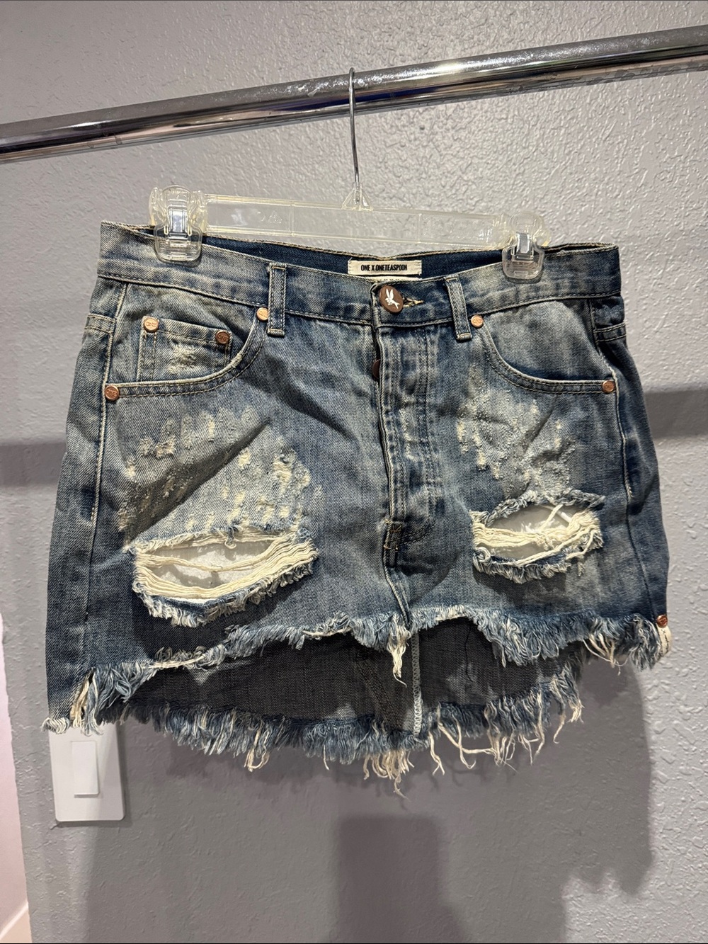 One Teaspoon Washed Blue Distressed Denim Mini Skirt